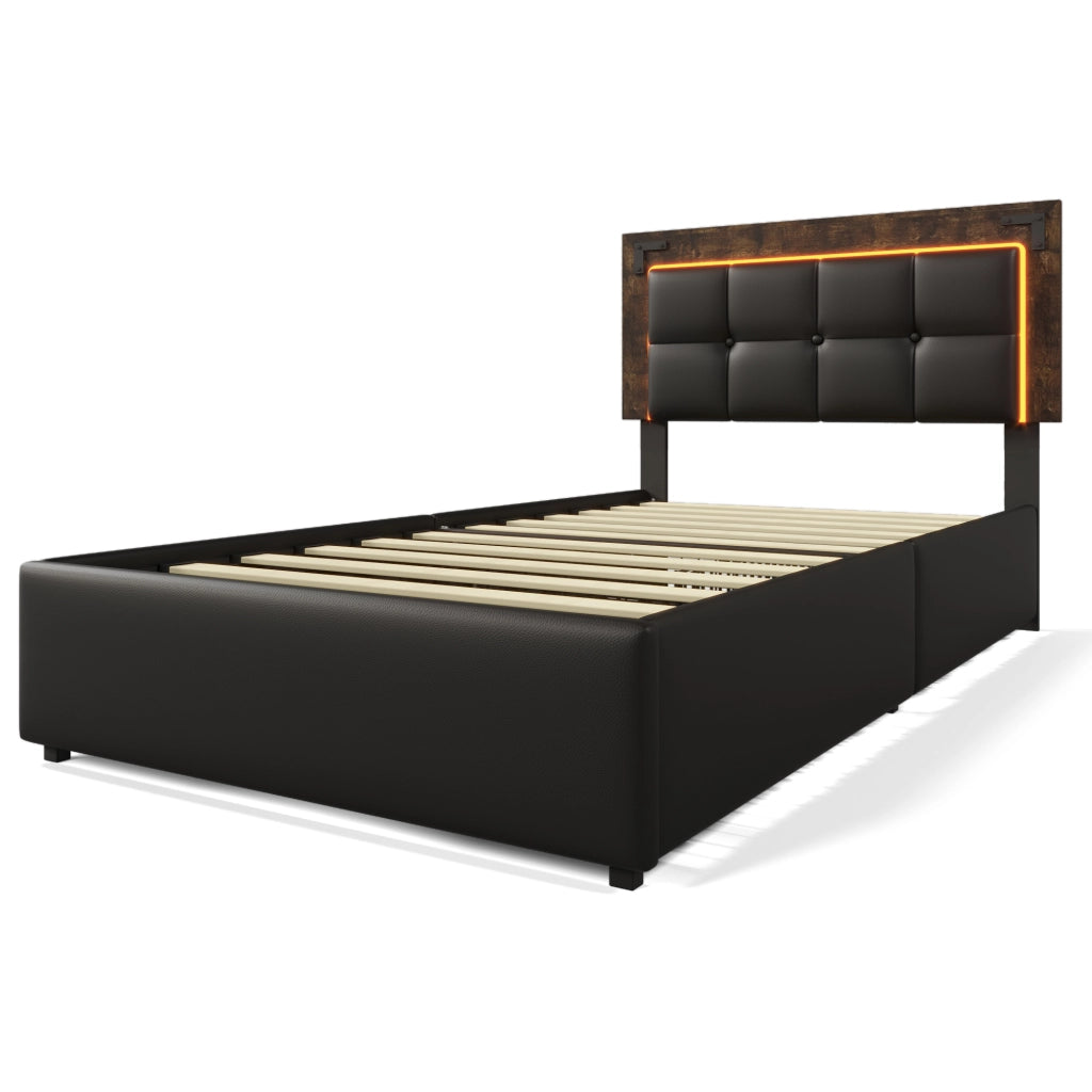Letto singolo imbottito 90x200 cm con LED; 4 cassetti e materasso; nero