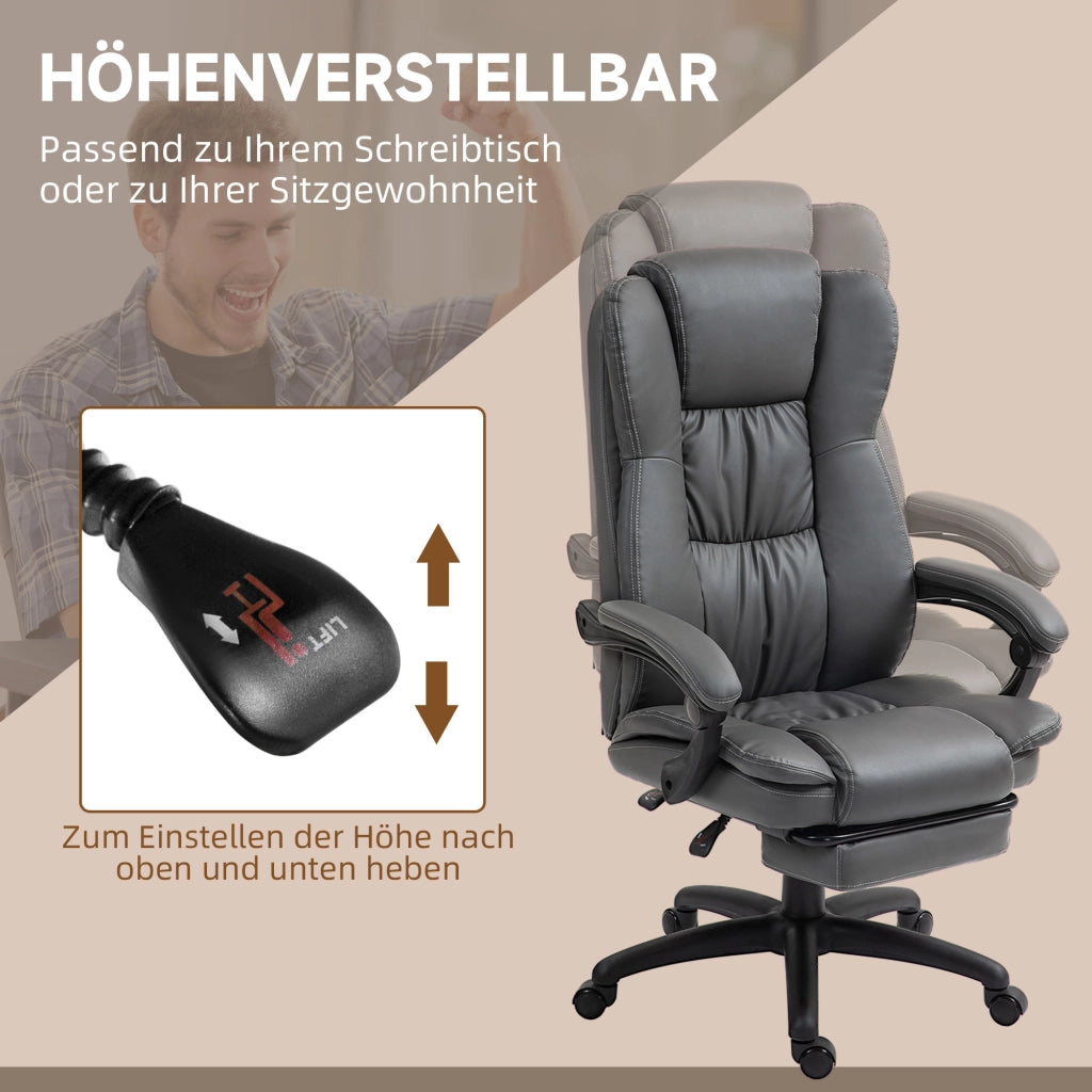 Sedia ufficio girevole con massaggio, schienale reclinabile e poggiapiedi in pelle sintetica grigio scuro 68,5 × 68,5 × 113-121 cm