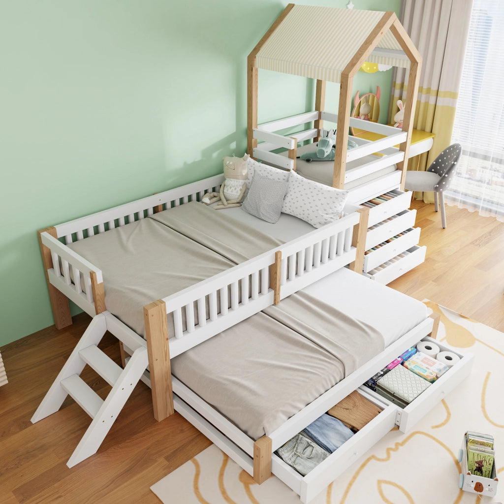Letto a soppalco per bambini 90x200 con letto estraibile, cassetti e scala