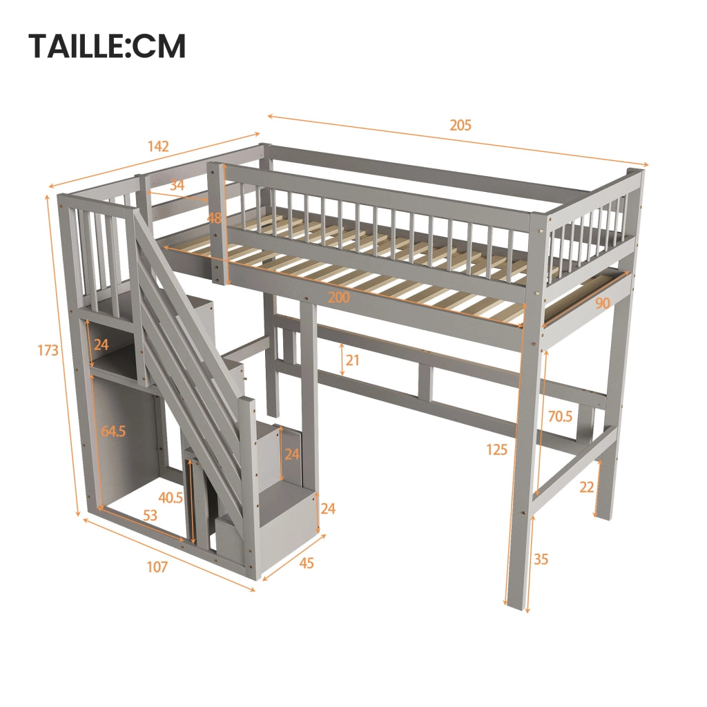 Letto a soppalco letto singolo con scala contenitore; 90 x 200 cm; senza materasso; in legno; Grigio