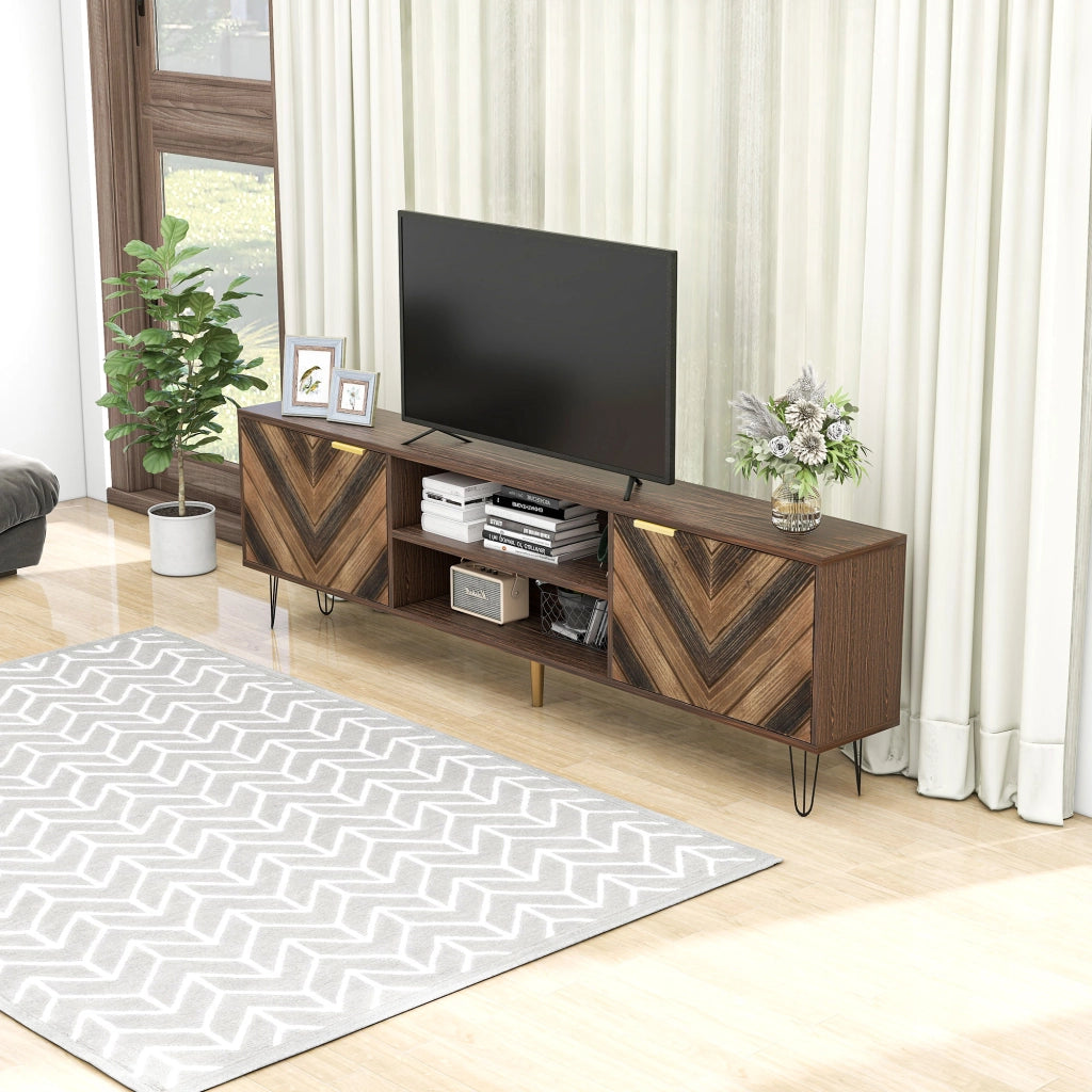 OKWISH Mobile TV con 2 Ante e 2 Vani, Maniglie Dorate e Gambe in Ferro, Naturale, 155×38×48 cm