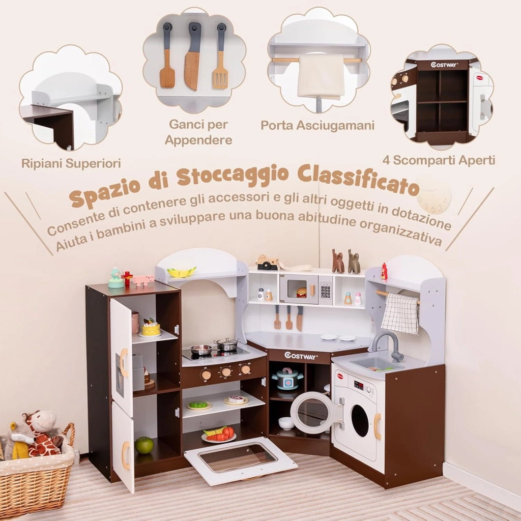 Cucina Giocattolo in Legno per Bambini, Set Cucina Giocattolo con Macchina di Ghiaccio, Microonde, Forno, Lavello, Lavatrice e Accessori, Effetti Sonori e Luminosi per Bambini 3 Anni+