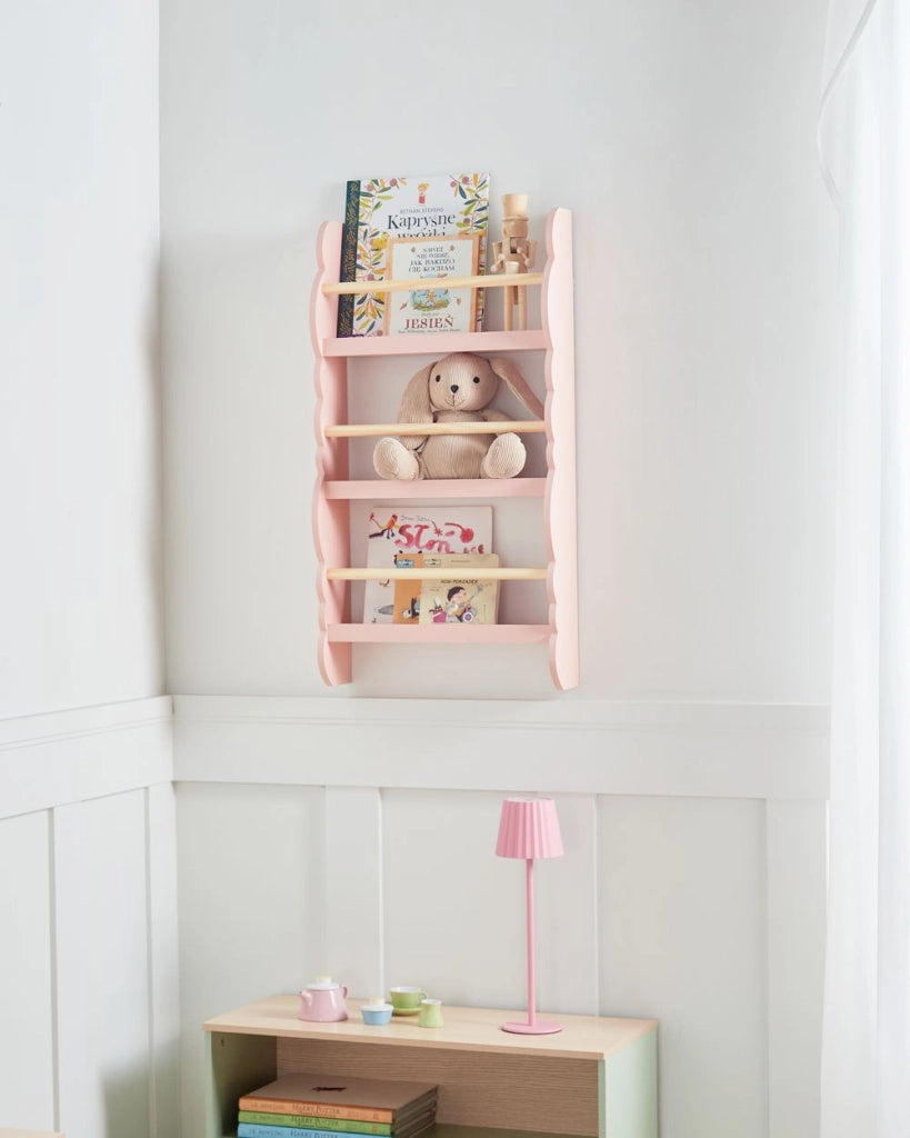Libreria a muro rosa pastello a 3 piani in legno di pino MDF Camera dei bambini