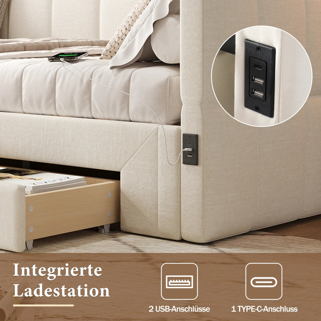 Divano letto con letto estraibile e cassetti, 90x200 cm, lino beige