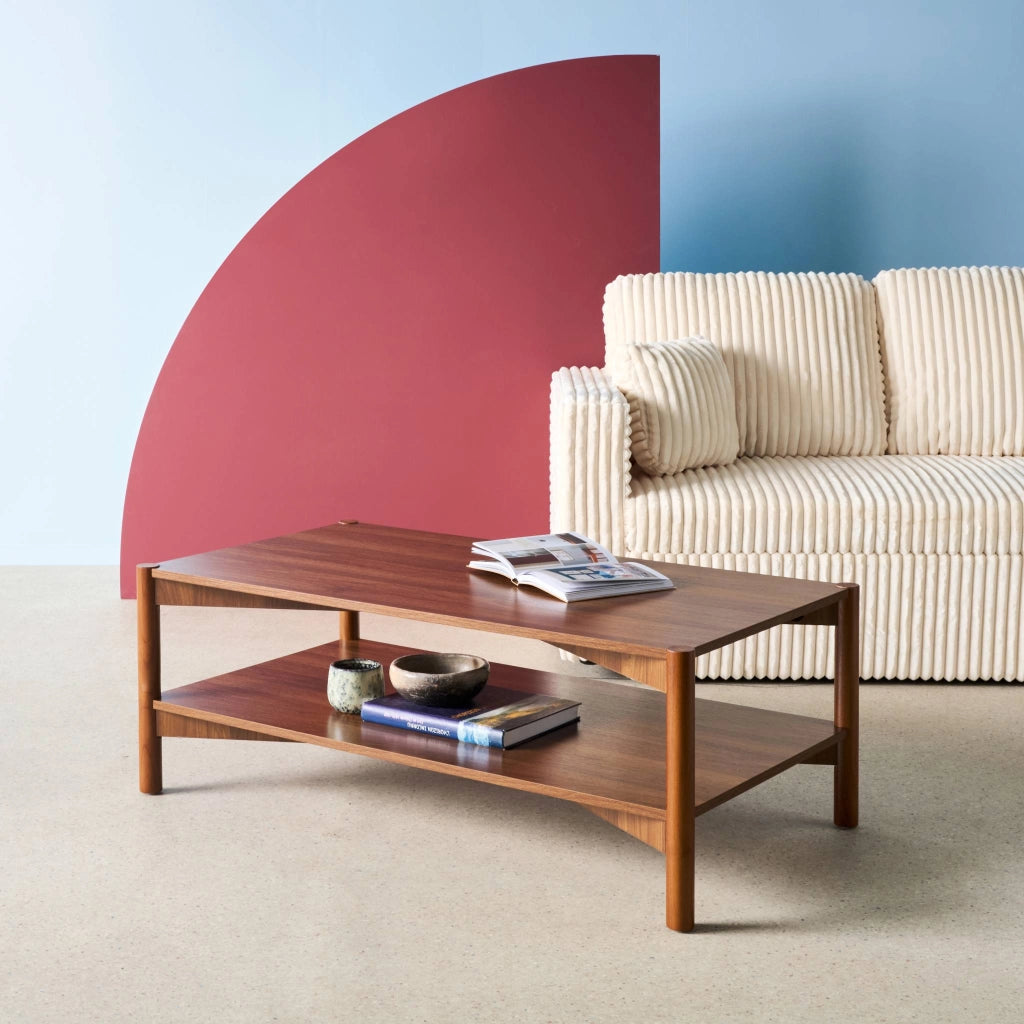 Tavolino rettangolare decorazione legno doppio ripiano, noce