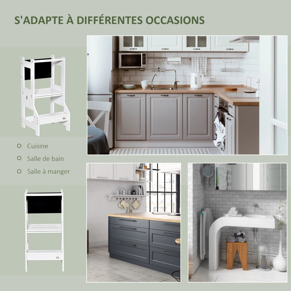 Torre di Apprendimento per Bambini 3 in 1 con Barre, Bordo di Sicurezza e Lavagna ¨C Zephmum ¨C Bianco