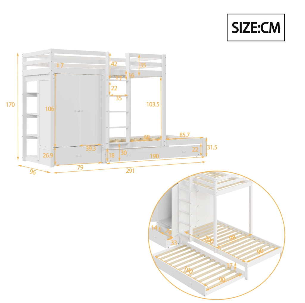Letto a castello multifunzione in legno 90x200 cm con letto estraibile e armadio