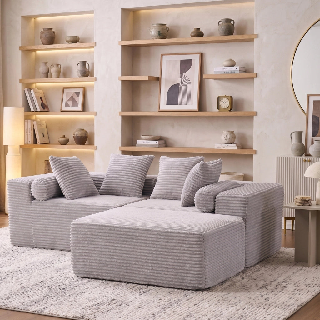 Divano modulare angolare con chaise longue senza montaggio in schiuma e molle grigio per soggiorno e appartamenti