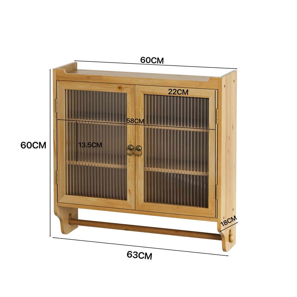 Armadietto Pensile Bagno Vintage con Ante in Vetro e Porta Salviette ¨C MINIMAL ¨C Legno Naturale, 3 Ripiani, 63 cm