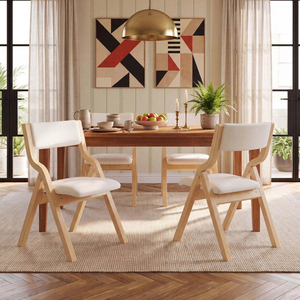 2 sedie da pranzo pieghevoli in legno massello, lino beige, imbottite, salvaspazio, già montate