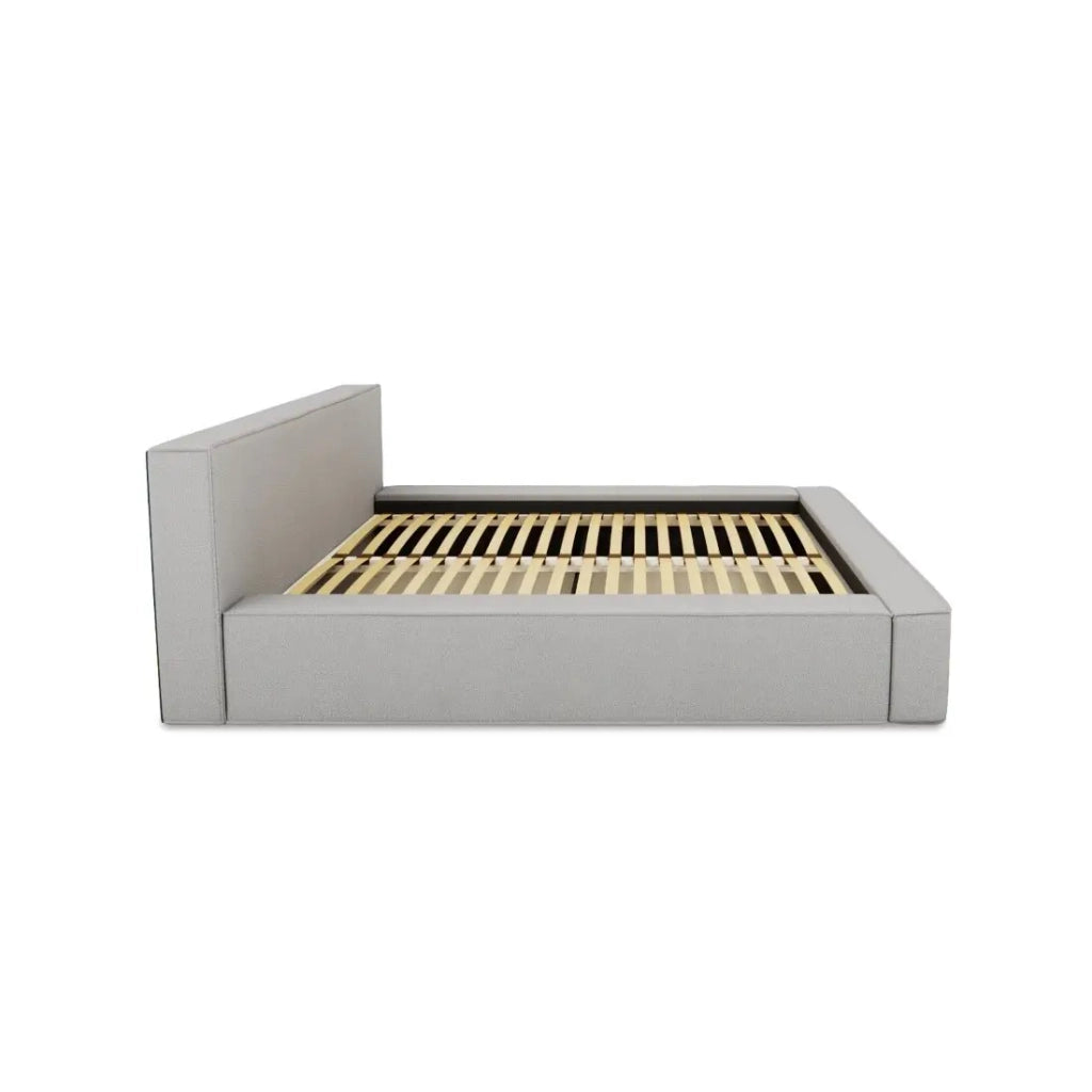 Letto contenitore VELORA – Sabbia grigia bouclé – 140x200 cm – Tessuto velluto morbido – Rete sollevabile – Contenitore integrato