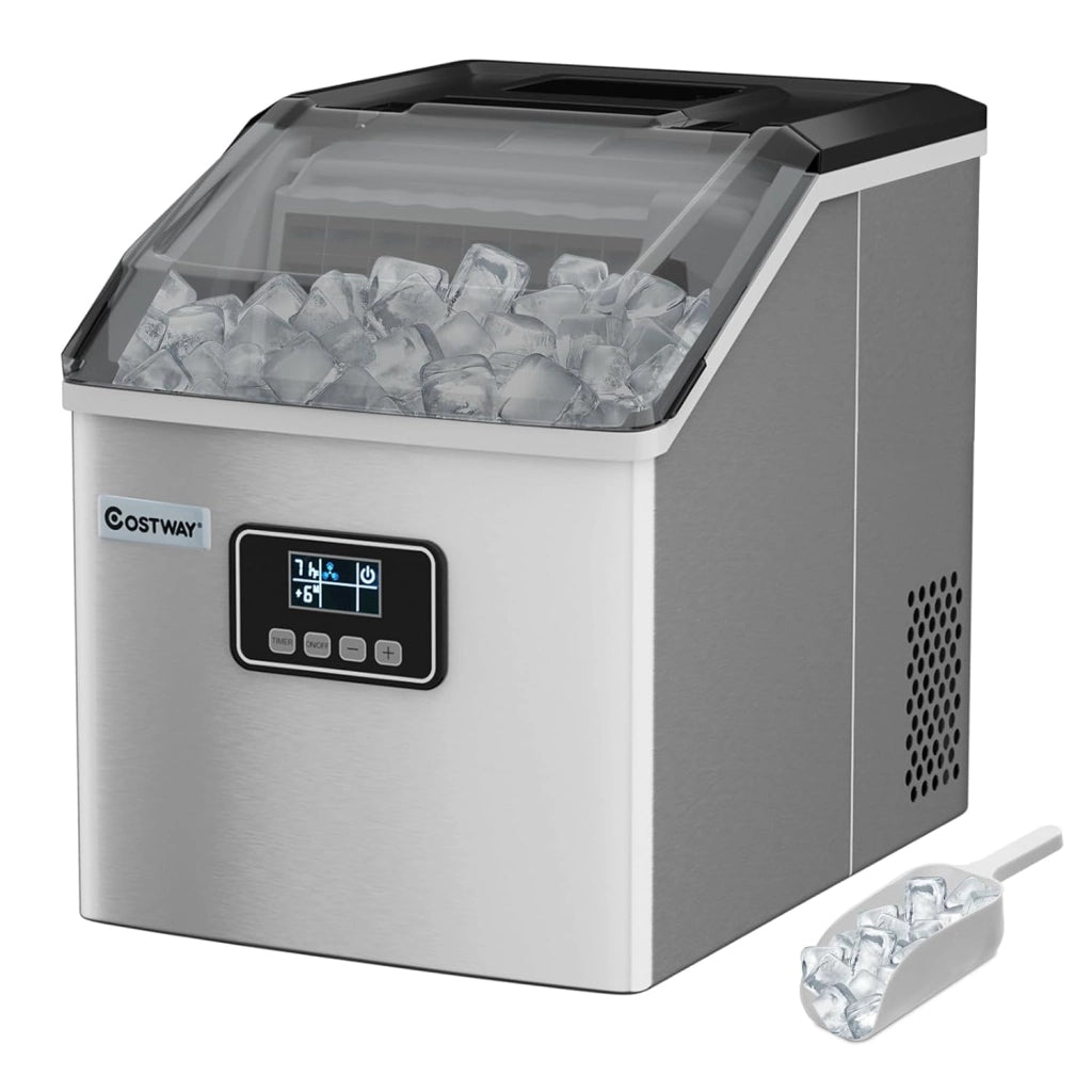 Macchina del Ghiaccio in Acciaio Inox, Macchina del Ghiaccio Elettrica con Paletta e Castello, Produzione 18kg/24H, Ideale per Casa e Ufficio