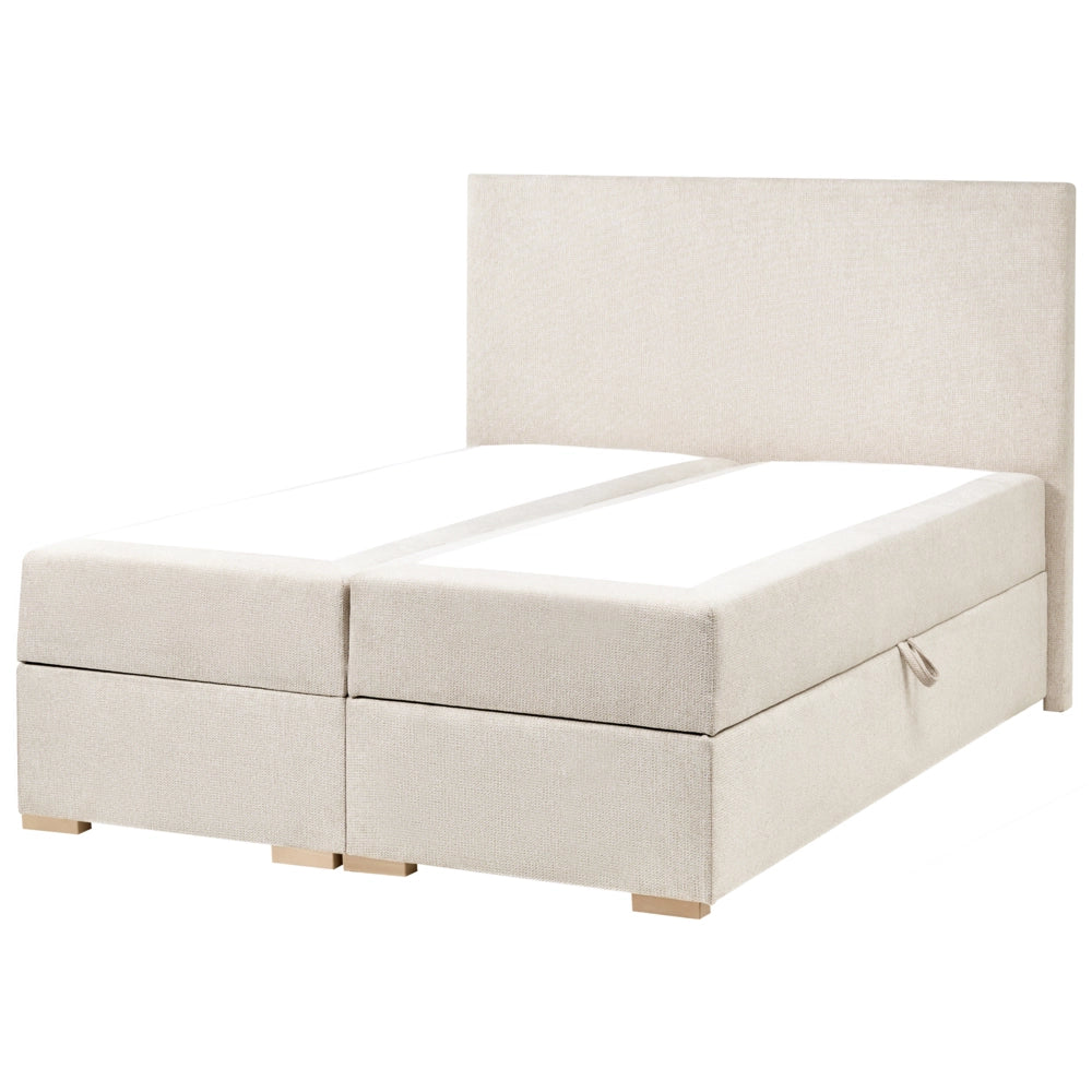 Letto matrimoniale con contenitore sollevabile in tessuto beige chiaro 120 x 200 cm con testiera stile moderno