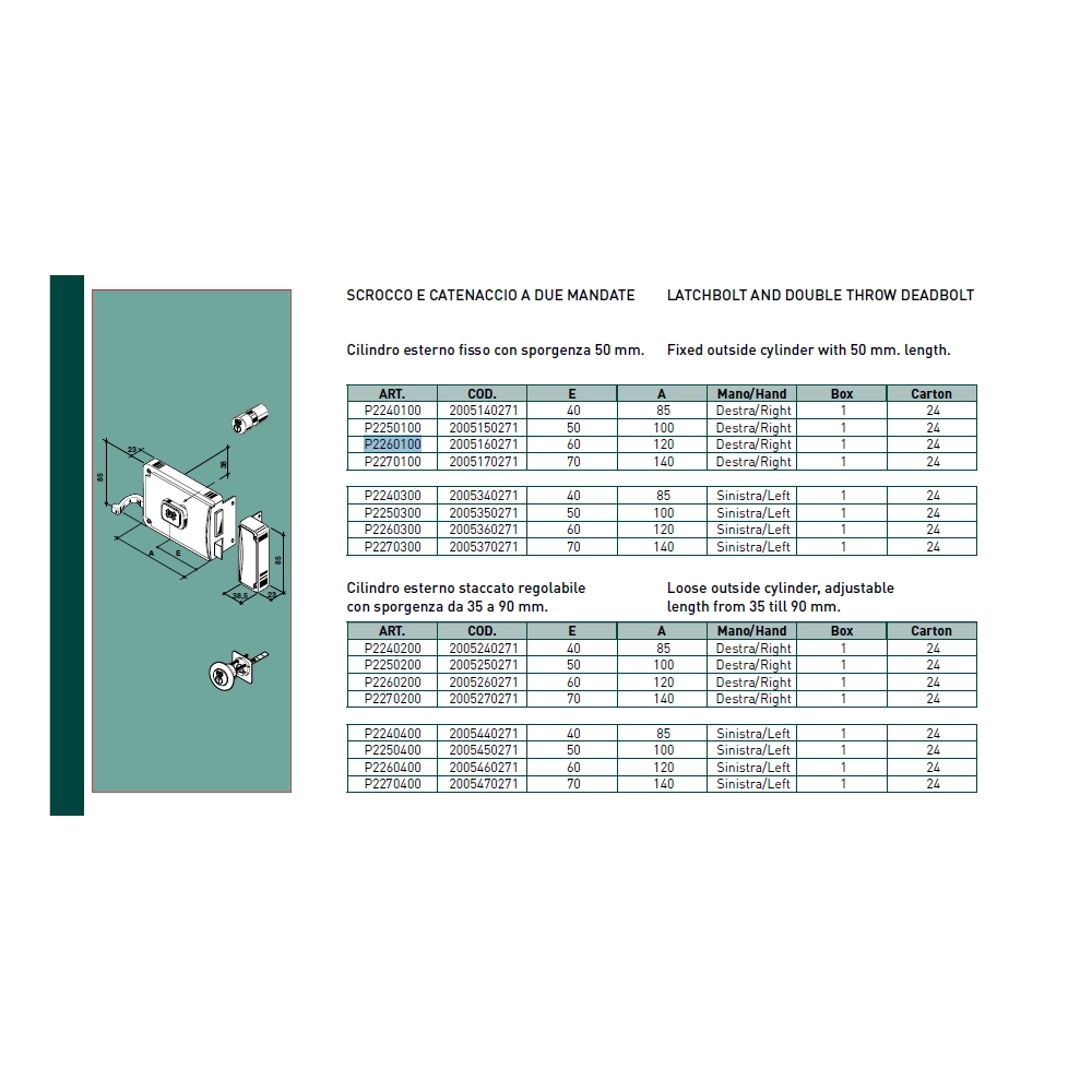 Facchinetti serratura corta a spingere destra 60mm con pomolo e cilindro fisso a 2 mandate