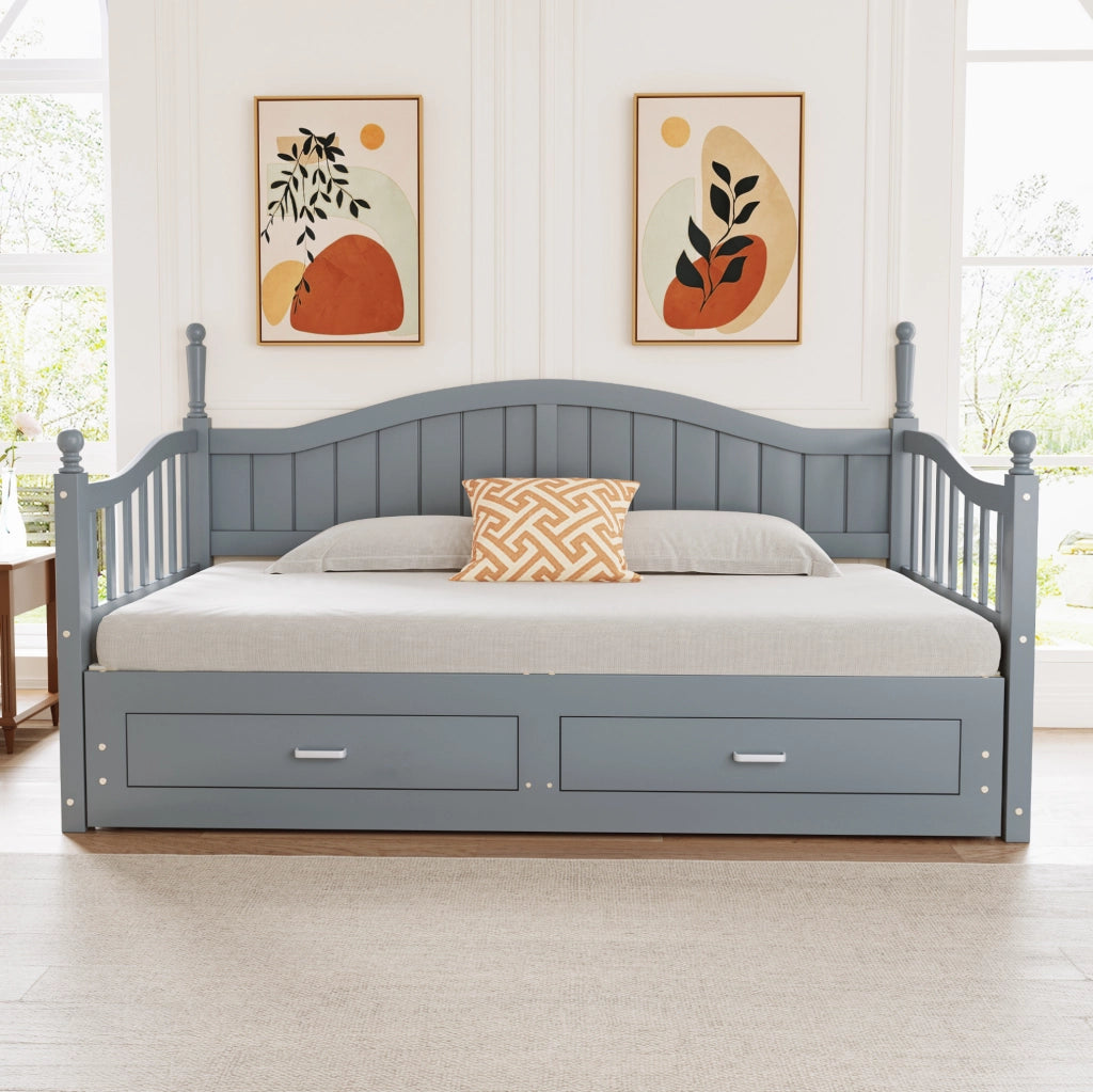 Divano letto estraibile 90/180 x 190 cm con cassetti e rete a doghe; grigio