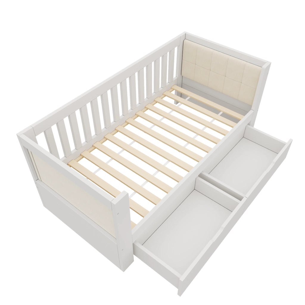 Letto singolo 90x200 cm in legno bianco con 2 cassetti, letto giorno con schienale e struttura salvaspazio