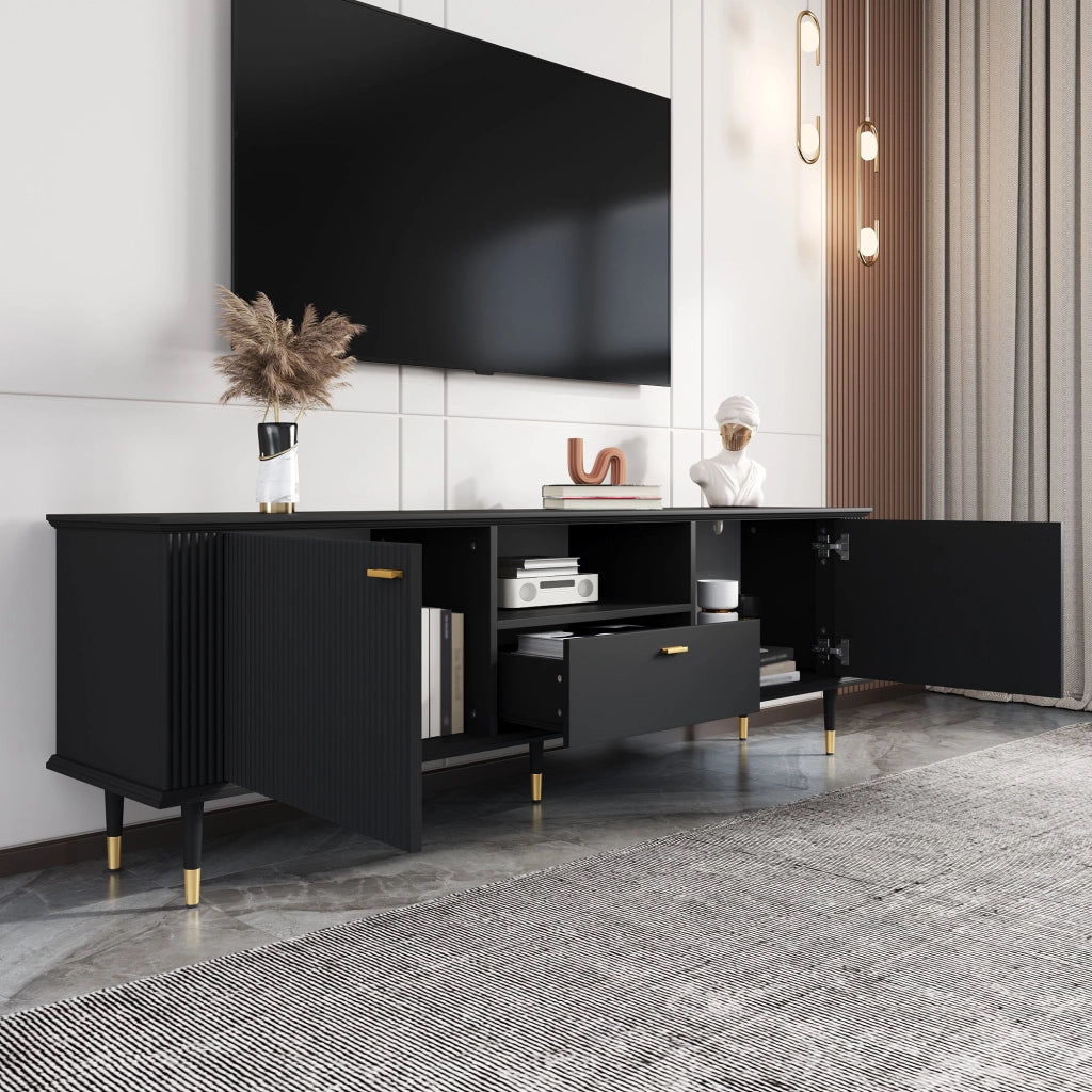Mobile porta TV con 2 ante, 1 vano aperto e 1 cassetto, passacavi, chiusura ammortizzata, in MDF nero, 170 × 36 × 54 cm