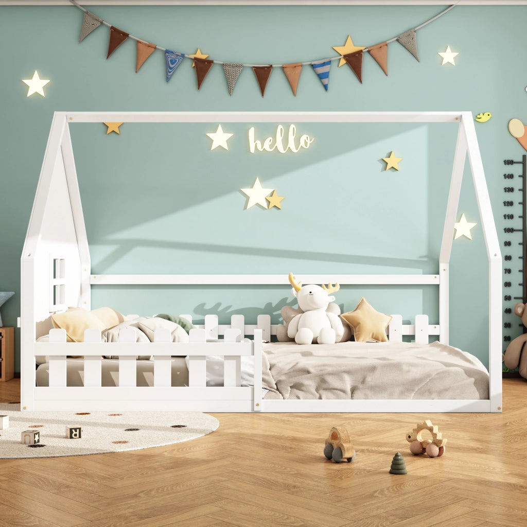 Letto a Casetta 140×200 cm; Letto Singolo con Sponda; per Bambino; senza Materasso; in Pino e MDF; Bianco