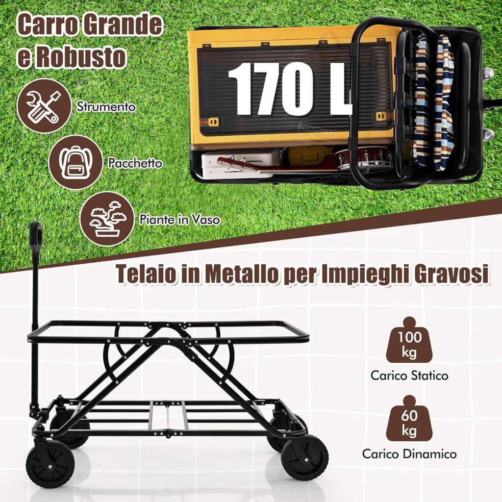 Carrello da Spiaggia Pieghevole 170 L, Carrello con Ruote Portatutto con Maniglia Regolabile e 360° Ruote, Portabottiglie e Tasca Portaoggetti, Carretto Giardino per Campeggio (Grigio)