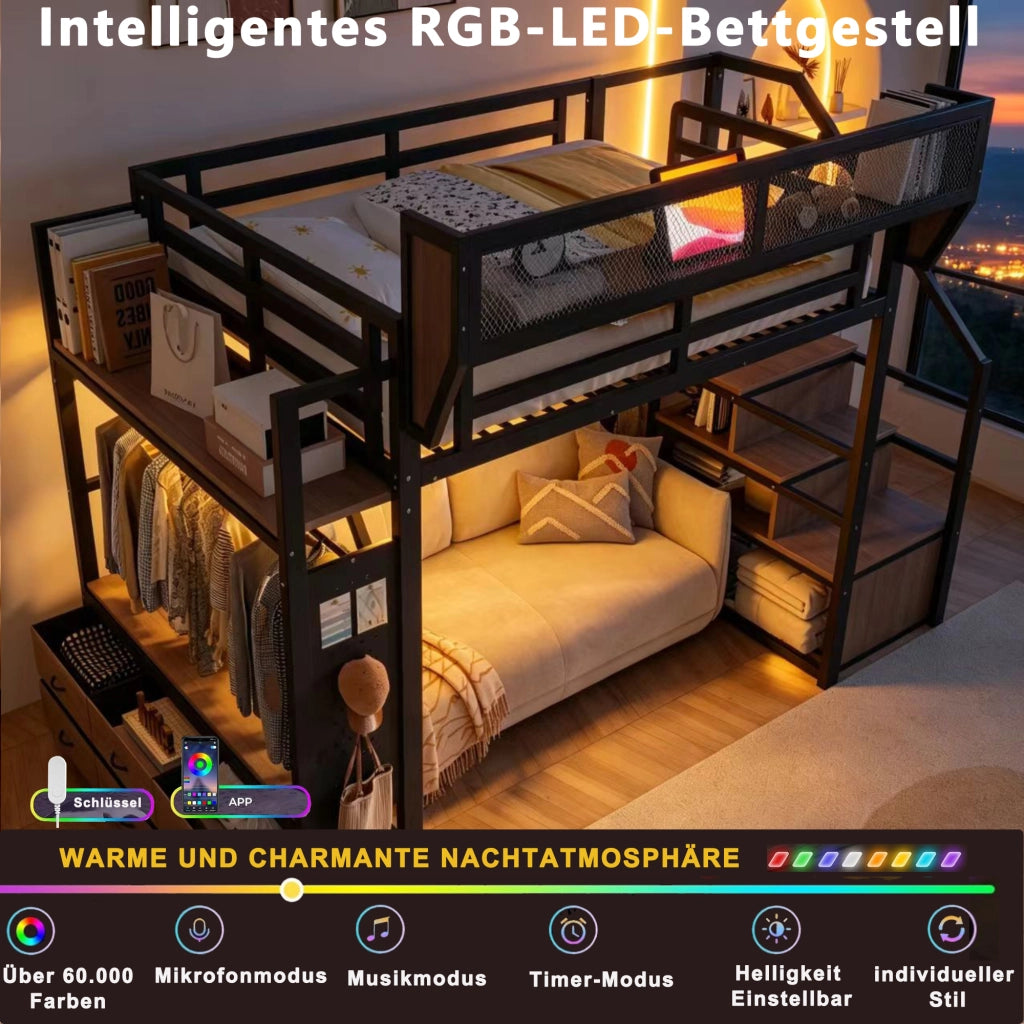 Letto a soppalco 140 × 200 cm con ripiani, asta appendiabiti, cassetti in tessuto et LED, senza materasso, nero