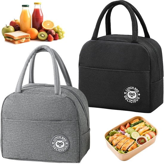 Set da viaggio 2 pezzi, borsa da pranzo 7L, sacchetto termico pieghevole con rivestimento in plastica, tasca termica nera e grigia per cibo, borsa da pranzo per scuola, picnic, viaggio, lavoro ufficio