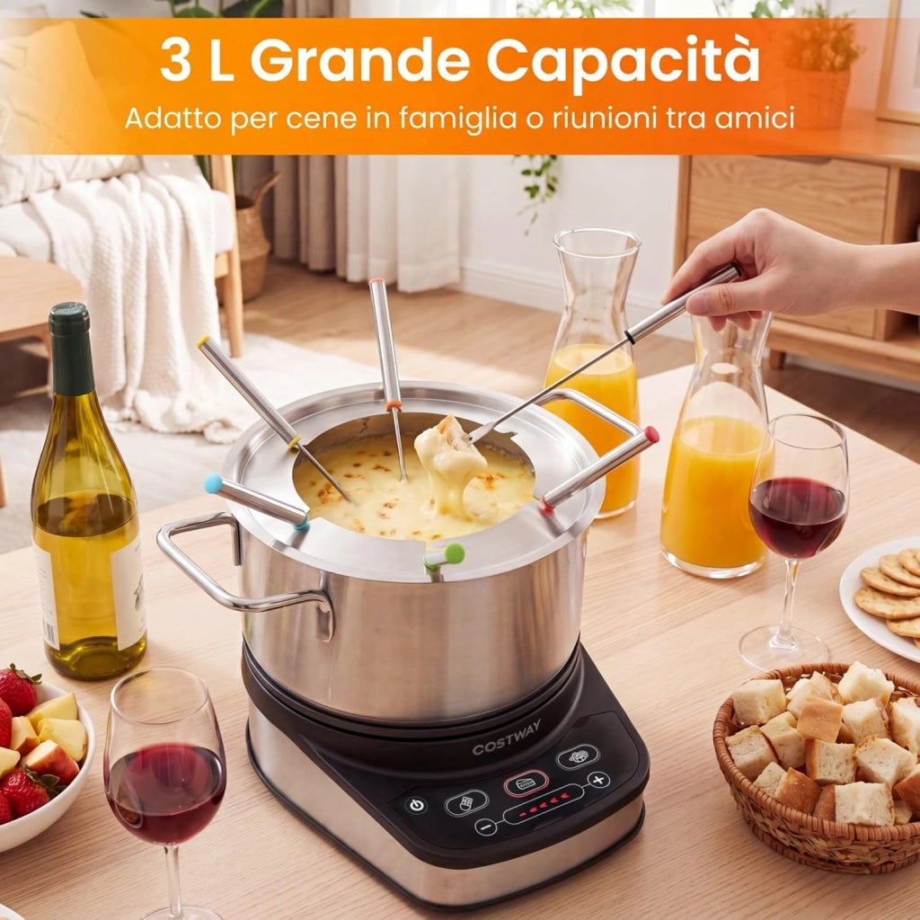 COSTWAY 3 L Set Fonduta Elettrica, Fondue per Formaggio, Bourguignonne, Cioccolato con 6 Forchette, Pentola Antiaderente e Paraspuzzi, Temperatura Regolabile, in Acciaio Inox, Rimovibile e Lavabile