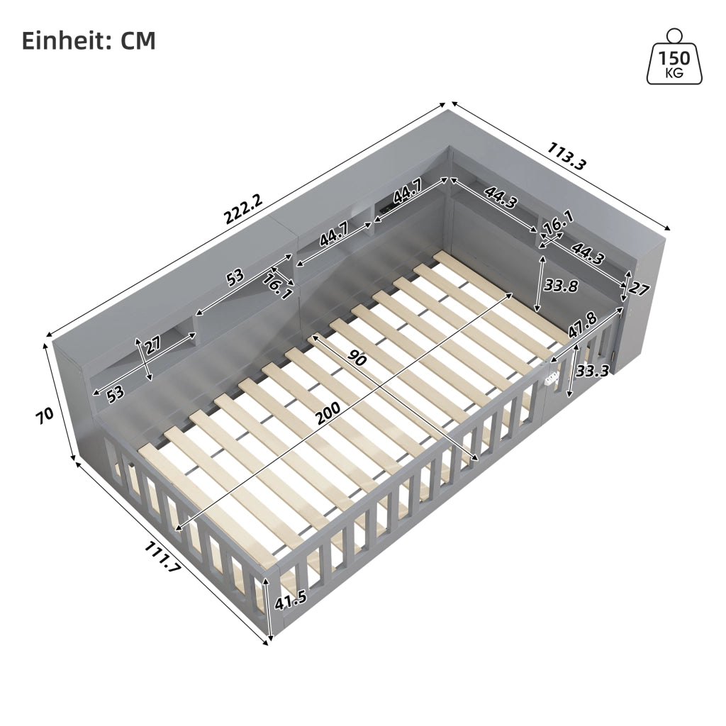 LETTO Giorno 90x200 cm Grigio in truciolare e MDF con prese USB