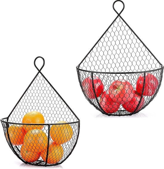 Set di 2 contenitori per frutta da appendere al muro - display per frutta e verdura per la conservazione - contenitore decorativo per snack, pane e altri alimenti - nero