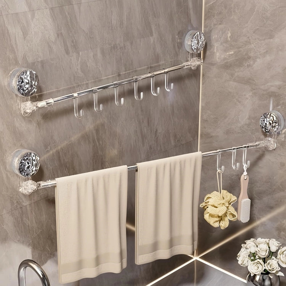 Trade Shop - Bastone Telescopico Regolabile 76-135cm A Ventosa Da Parete Con Ganci Rotazione A 180° -