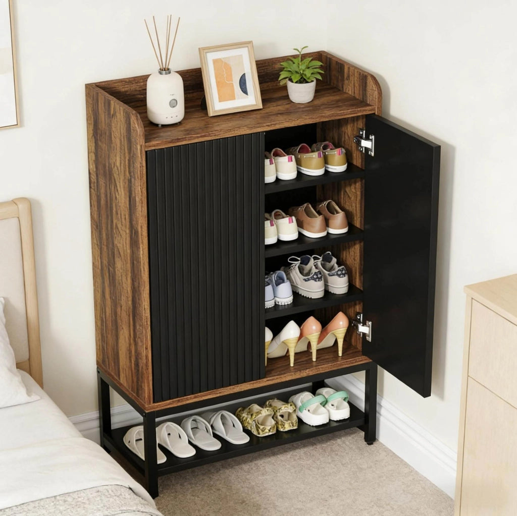Mobile portascarpe nero e marrone rustico 73 x 35 x 105,5 cm con ante