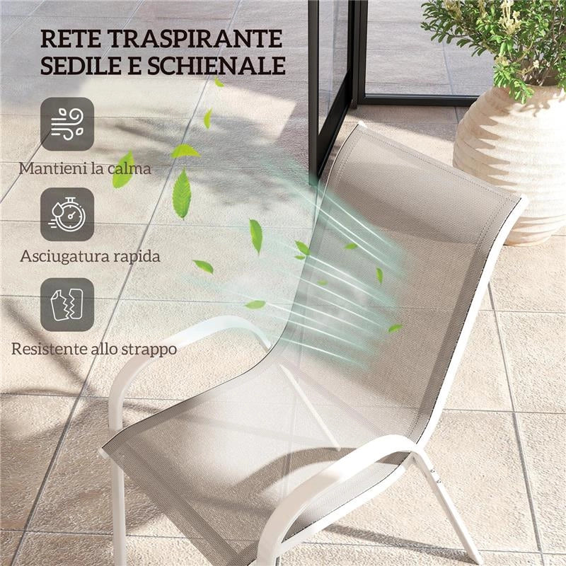 SET 4 SEDIE DA GIARDINO IMPILABILI CON BRACCIOLI CURVI, IN ACCIAIO E TESSUTO TRASPIRANTE, 54X71X93 CM, GRIGIO BIANCO
