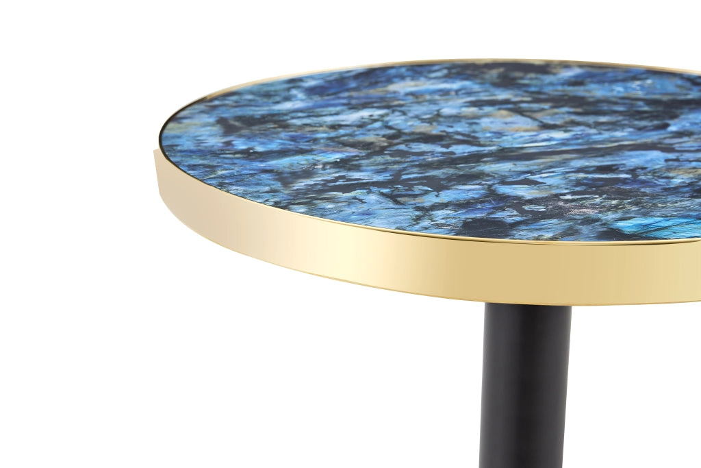 Tavolino rotondo blu effetto marmo con struttura in metallo