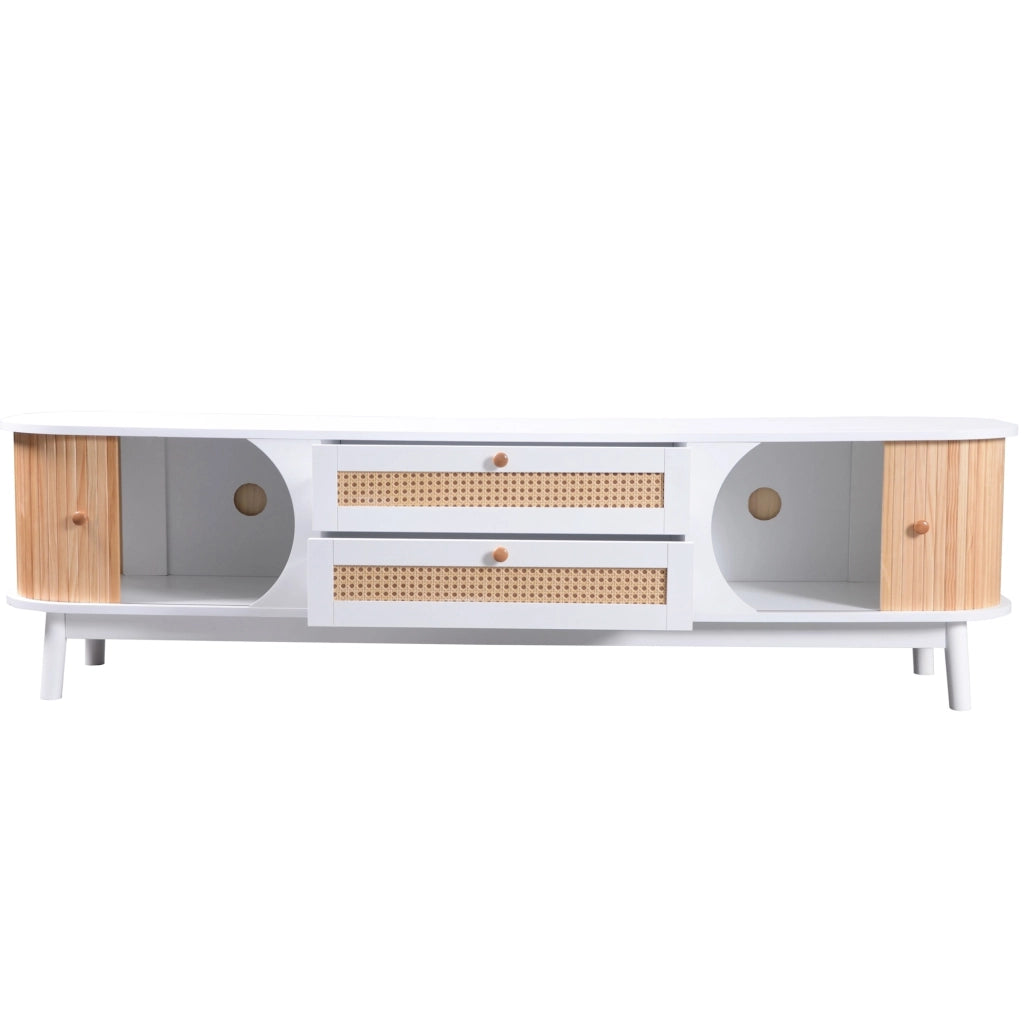 Mobile TV moderno 170 cm bianco effetto legno con ante e cassetti in rattan