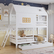 Letto a castello-Xylo-90x200cm finestre tetto 2 cassetti pino+MDF