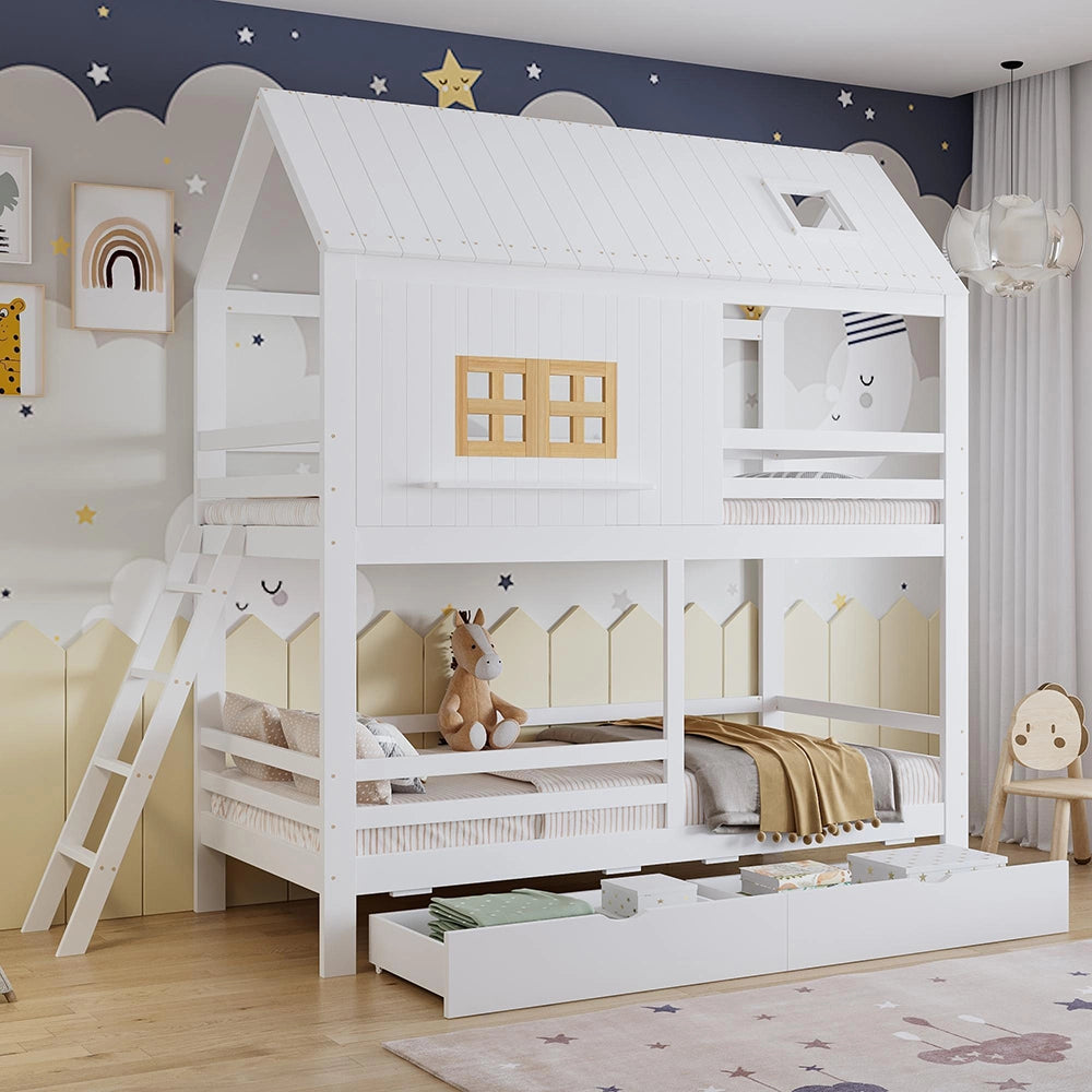 Letto a castello-Xylo-90x200cm finestre tetto 2 cassetti pino+MDF