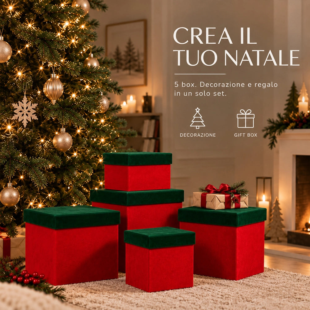 5 Box Regalo Natale Rosso e Verde Diverse Misure Decorazione Addobbo Natalizio