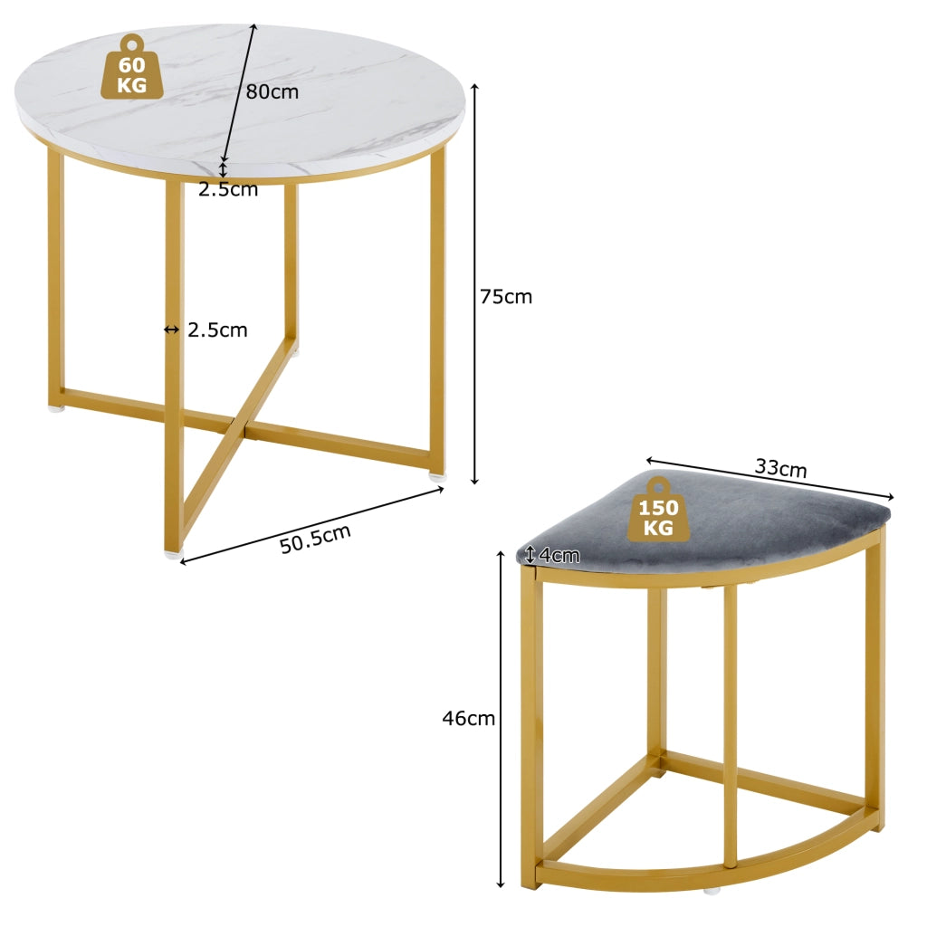 Tavolo da pranzo rotondo per 4 persone con 4 sedie, in MDF e metallo dorato, bianco e grigio, 80 × 80 × 75 cm