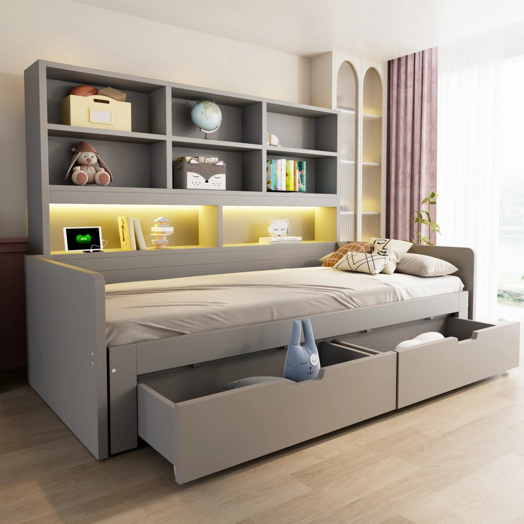 Letto multifunzione 90/180x200 cm in MDF grigio con LED; prese e cassetti
