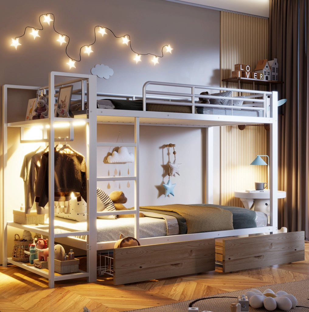 Letto a castello 90x200 cm in metallo e MDF; 2 cassetti; LED; bianco