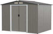 Casetta da Giardino per Attrezzi in Acciaio Zincato, con Base, Porte, Sfoghi, Maniglie e Tettoia, Capanno da Esterno per Giardino, Prato e Cortile, 260 x 207 x 180 cm, Grigio Chiaro