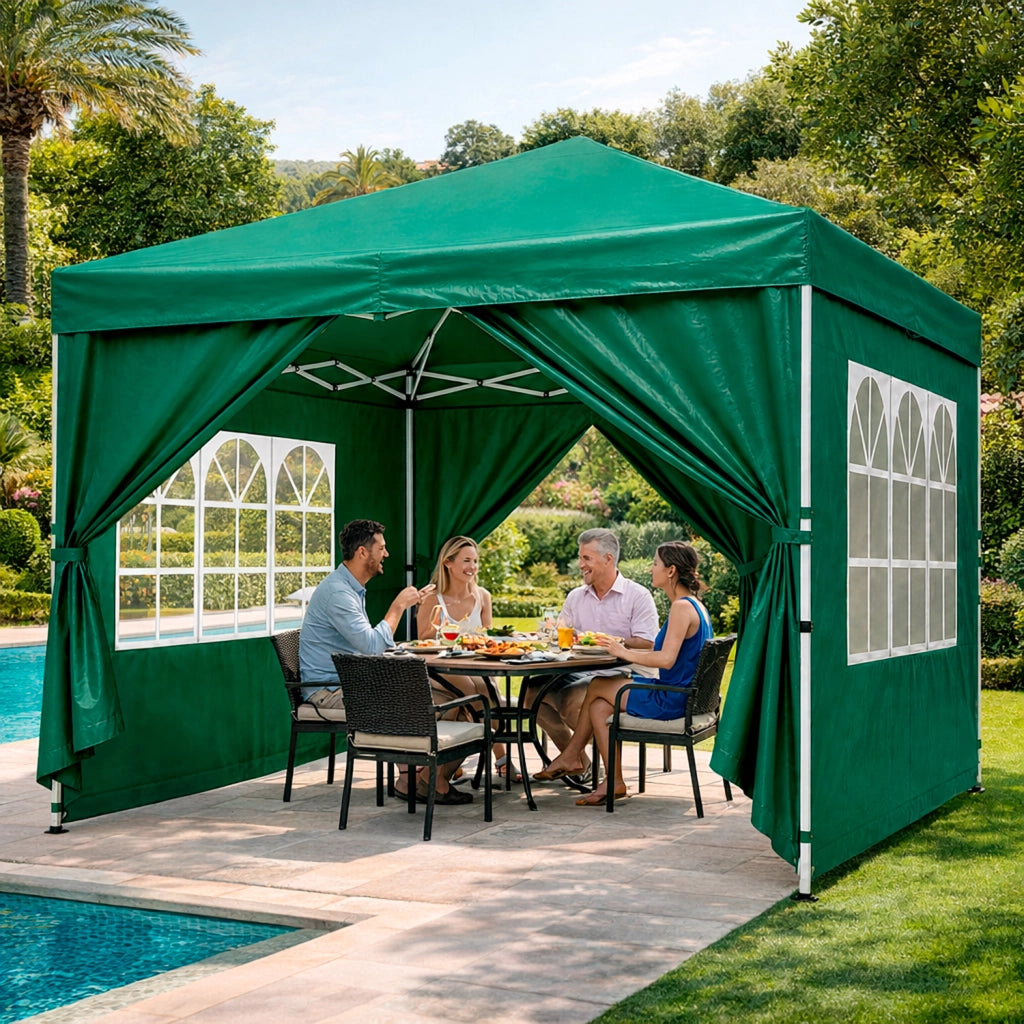 Gazebo Pieghevole Da Giardino Con Pareti Laterali E Finestre Trasparenti Sistema Pop Up Copertura Impermeabile UV50+ Telaio In Acciaio Per Eventi Outdoor 3 x 3 x 2.59 M Verde