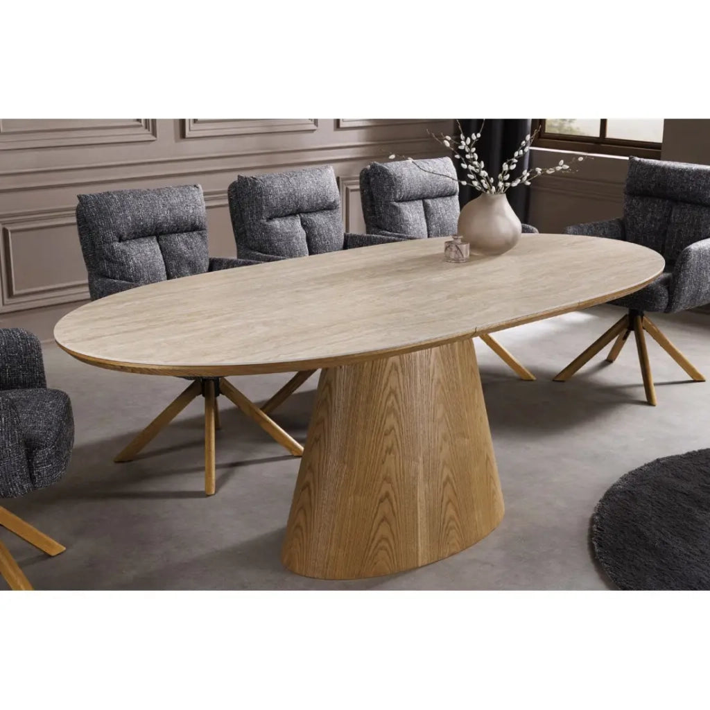 Table LUMEA estensibile 160–200 cm – Tavolo contemporaneo in ceramica effetto travertino e quercia