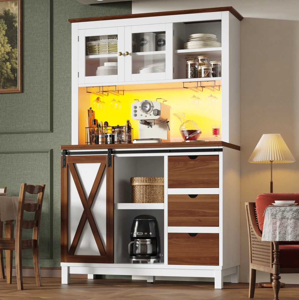Credenza da cucina 104x40x180 cm con LED e porta scorrevole in MDF; metallo e vetro bianco