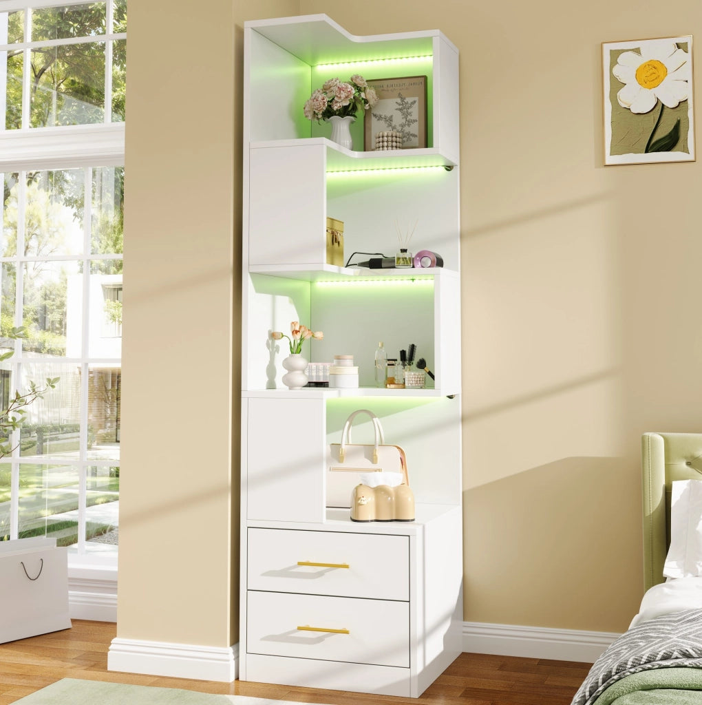 Scaffale angolare freestanding 165 cm con LED; 4 ripiani e 2 cassetti; bianco