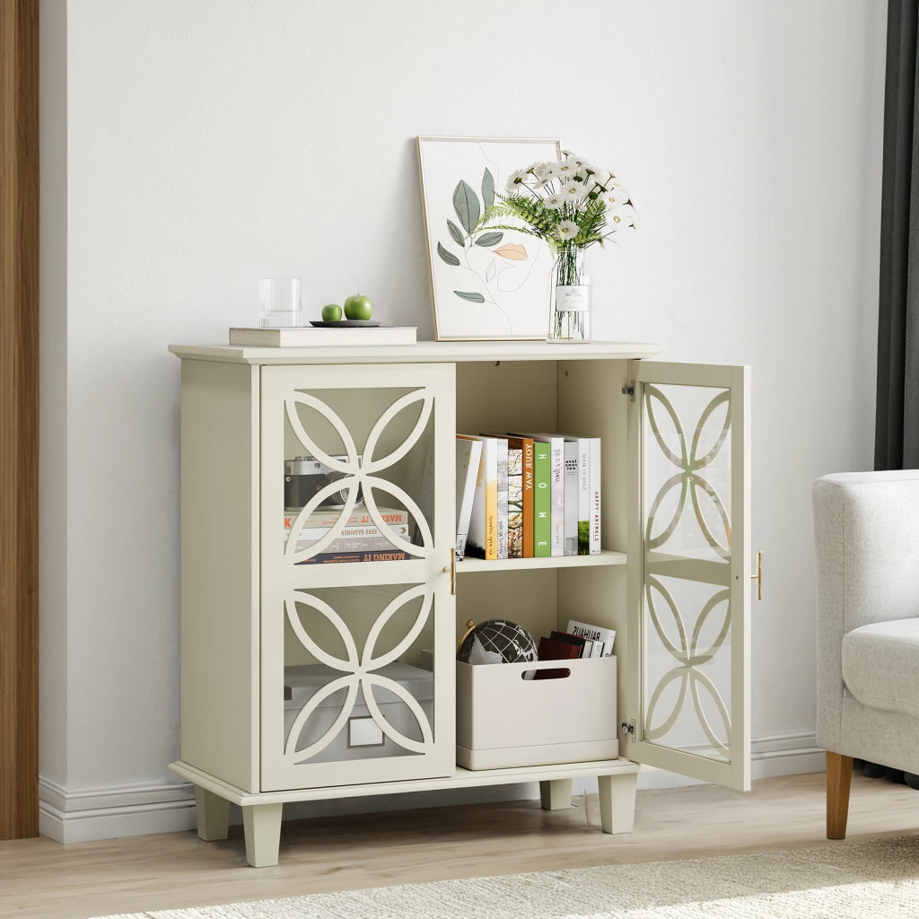 Credenza con 2 ante in vetro e ripiani regolabili; per cucina; in MDF; crema; 94×47.3×16.0 cm