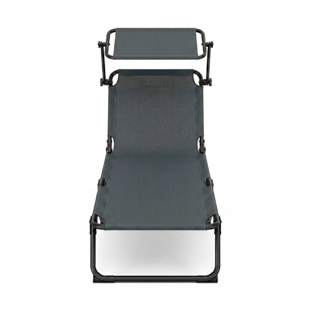 Lettino Prendisole Pieghevole Con Tettuccio Parasole Schienale Reclinabile Regolabile Telaio In Metallo Nero 187 x 53 x 24 Cm Grigio Scuro