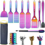 Kit accessori barbecue 10 pezzi con holder per utensili, rivestimento in titanio colorato, manico in acciaio inossidabile, non fonde, non si stacca e resiste al calore.