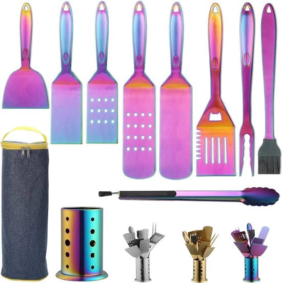 Kit accessori barbecue 10 pezzi con holder per utensili, rivestimento in titanio colorato, manico in acciaio inossidabile, non fonde, non si stacca e resiste al calore.