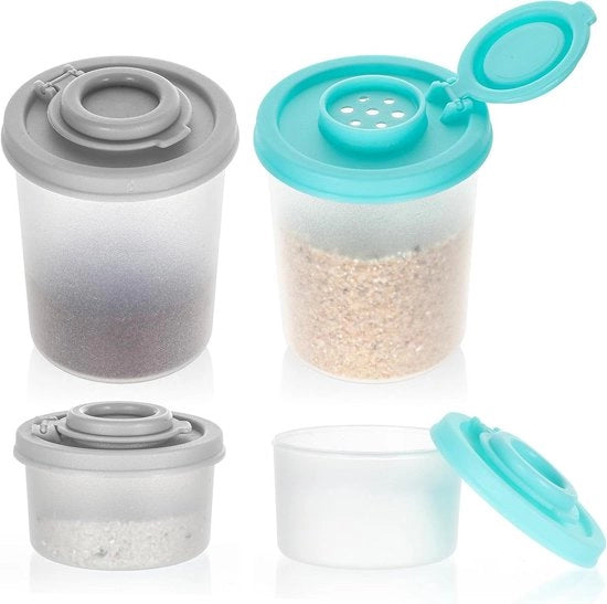 Set di 4 mini sbriciolatrici in plastica per zucchero e pepe per campeggio e picnic - con coperchi idrorepellenti - ideale per viaggi - accessorio da cucina con coperchi chiari, grigi e a foglia di menta