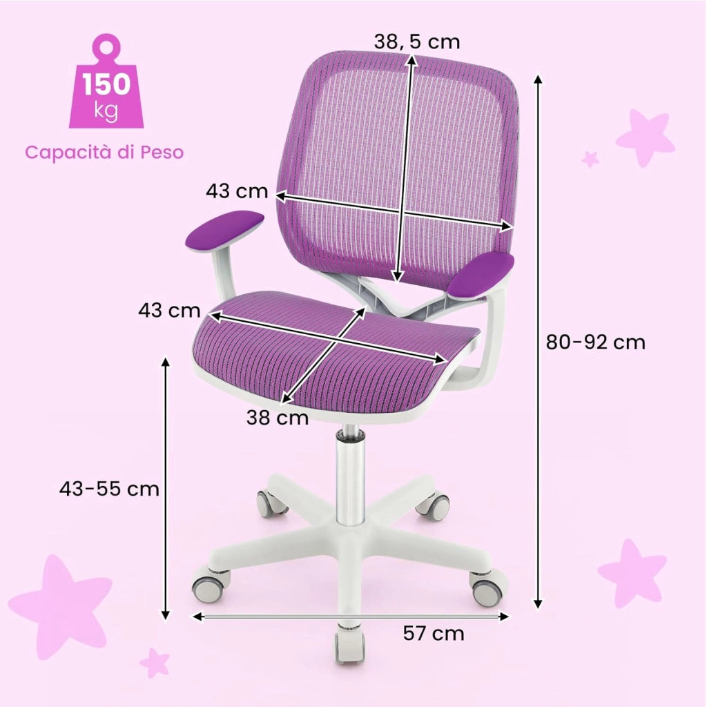 Sedia da Scrivania Girevole per Bambini (Viola, Ruote Ordinarie) | con Altezza Regolabile, 5 Ruote, Braccioli Morbidi, Mobile Ergonomica per Bambini 6-15 Anni